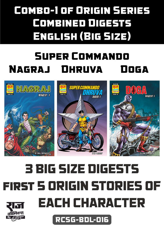 COMBO 1 OF ORIGIN SERIES ENGLISH BIG SIZE COMBINED DIGESTS (NAGRAJ, SUPER COMMANDO DHRUVA, DOGA)